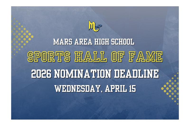 a blue background with gold dotted arrows and the words 2026 Sports Hall of Fame Nomination Deadline