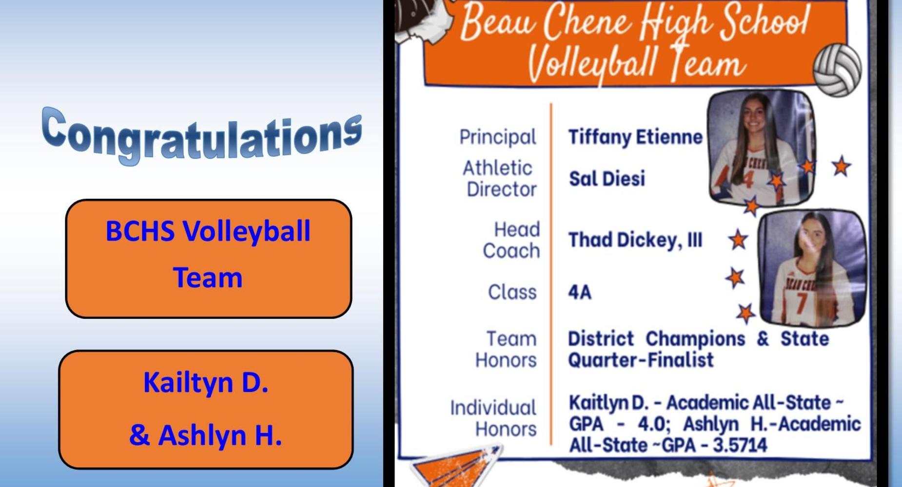 BCHS Volleyball Team - All District & All State: Kaitlyn Dickey & Ashlyn Head