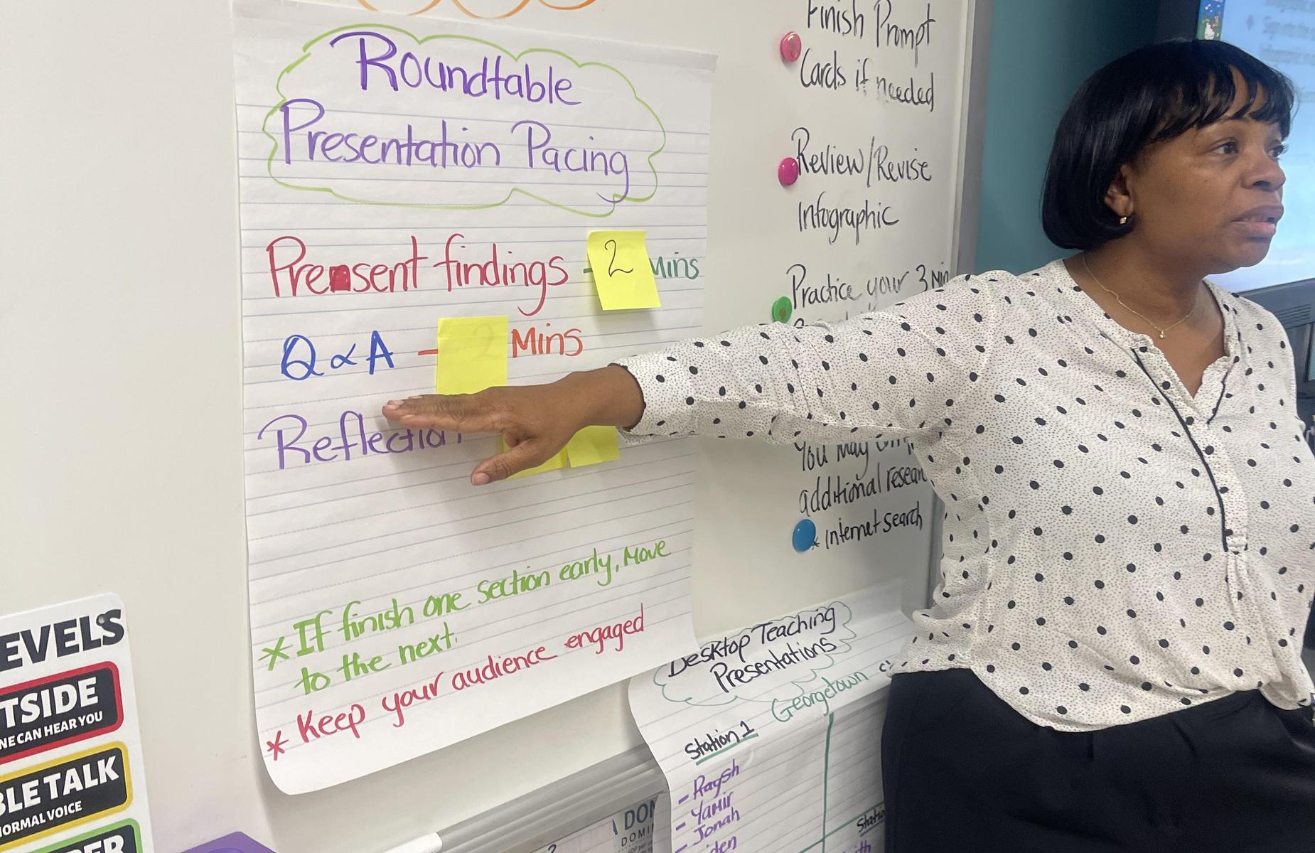 Instructor discusses presentation pacing with a poster and gestures.