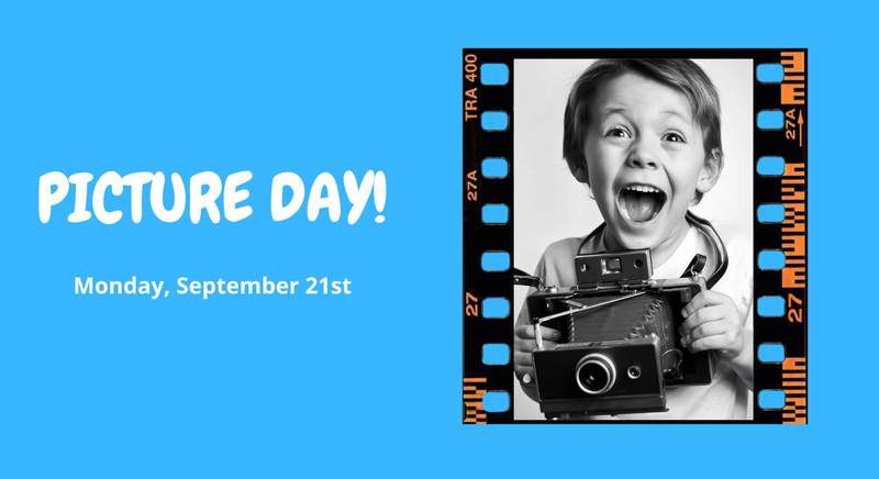 A cheerful child holding a vintage camera with a film strip background.
