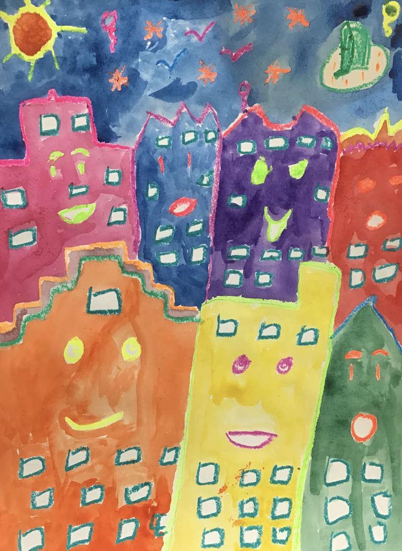 Vibrant cityscape with colorful buildings, smiling faces, and a starry night.