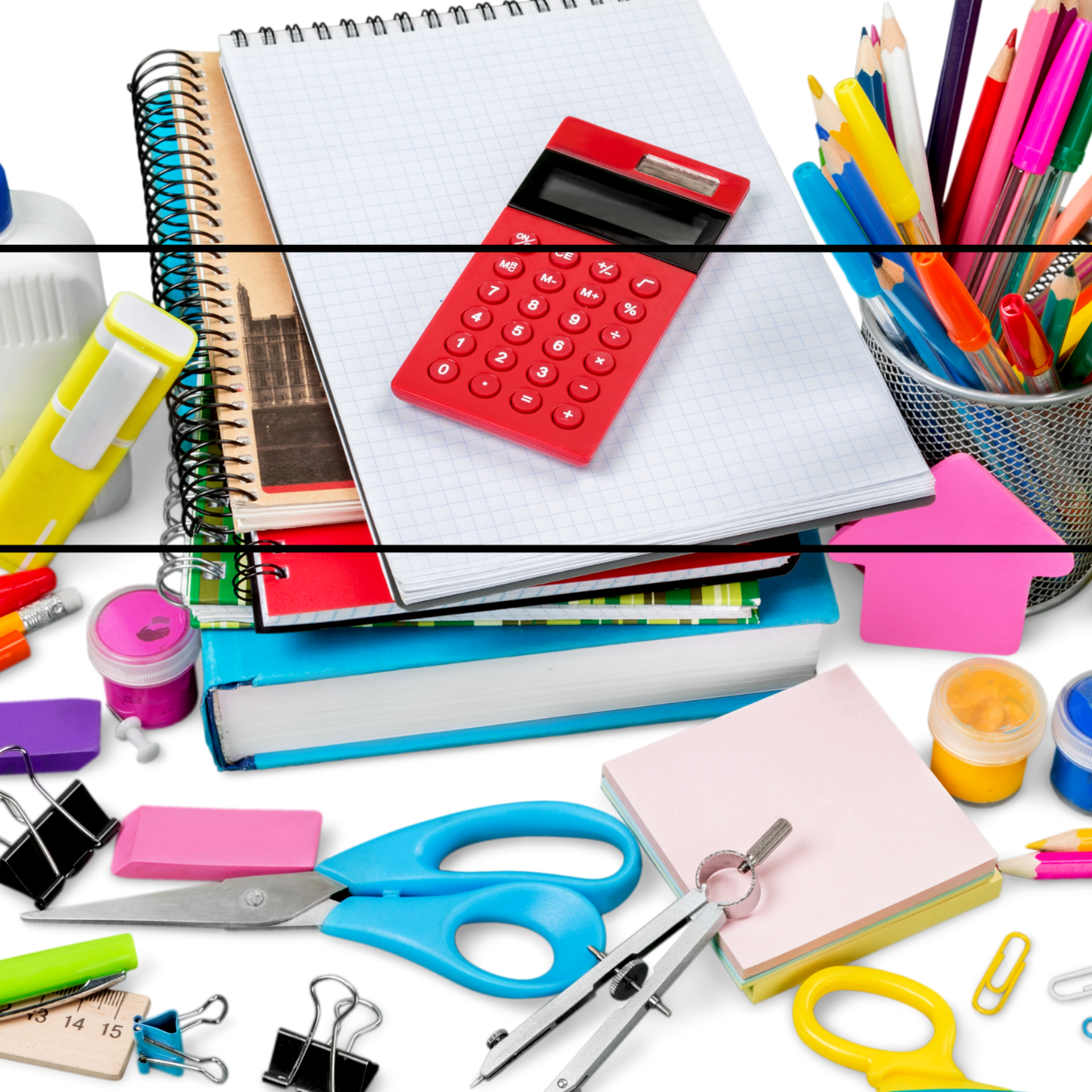 A colorful assortment of school supplies including scissors, notebooks, and a calculator.