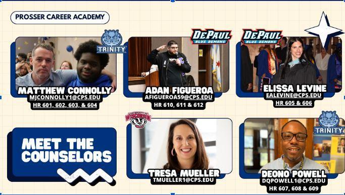 Graphic with the heading "Meet the Counselors" and pictures of each counselor.