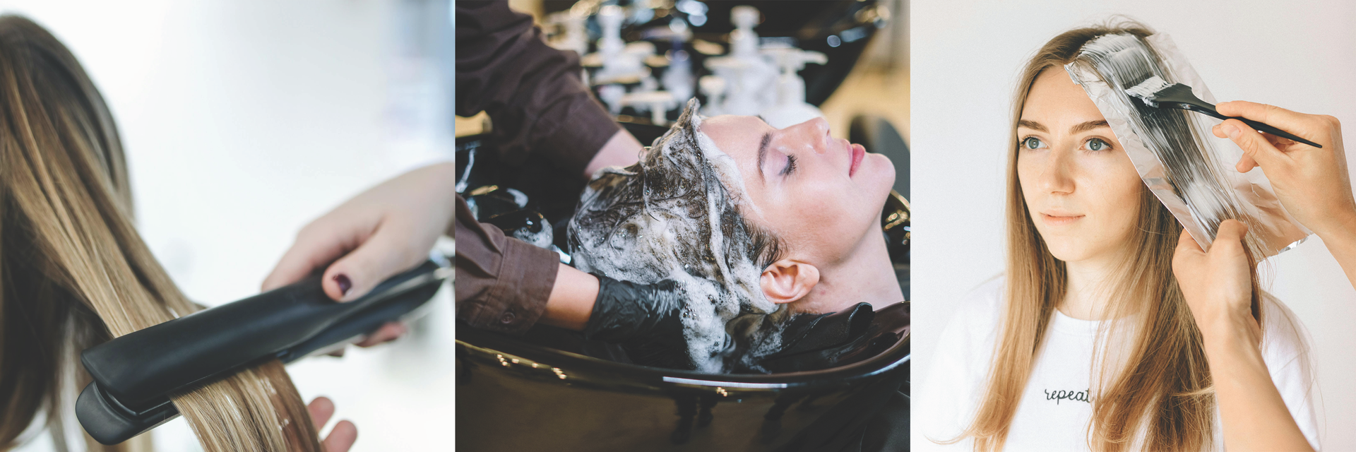 Cosmetology program lower site banner with images showing hair washing, styling and dying