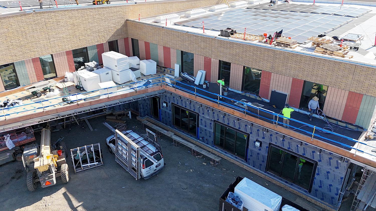 aerial view of canopy roofing installation