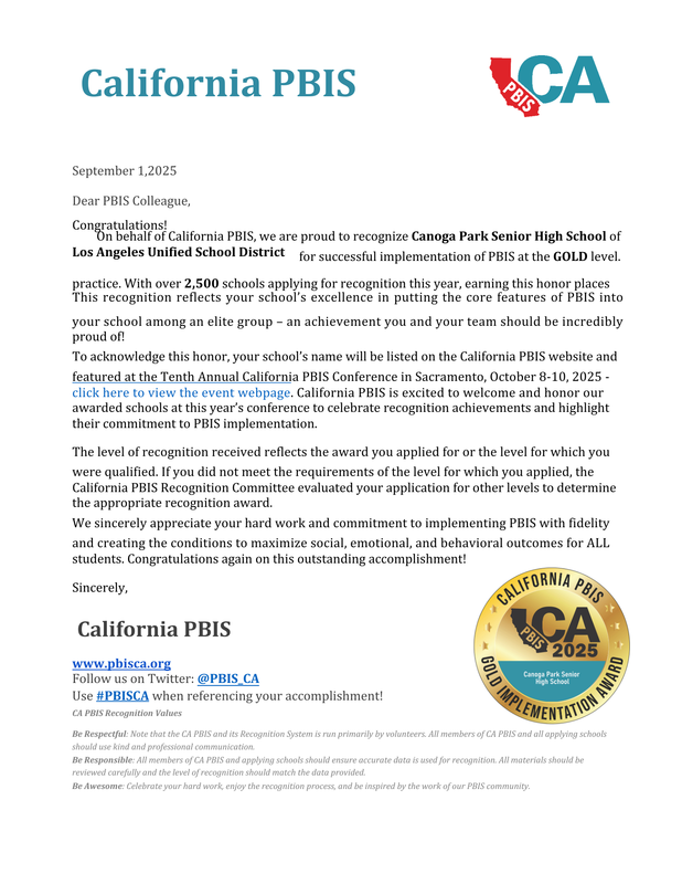 PBIS Letter with seal