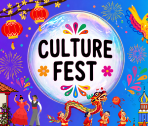Culture fest in a white circle with illustrated lanterns dragons dancers around the border