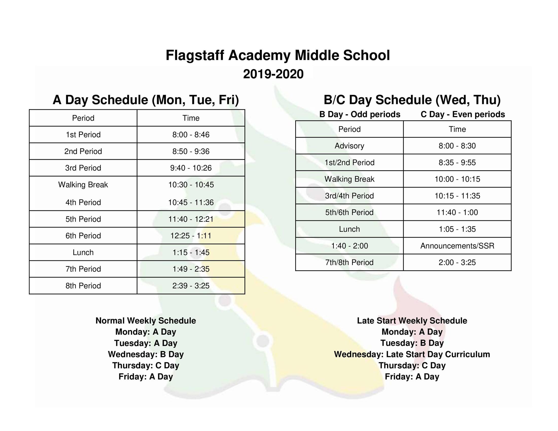 Middle School Bell Schedule Grade Levels Academics Flagstaff Academy