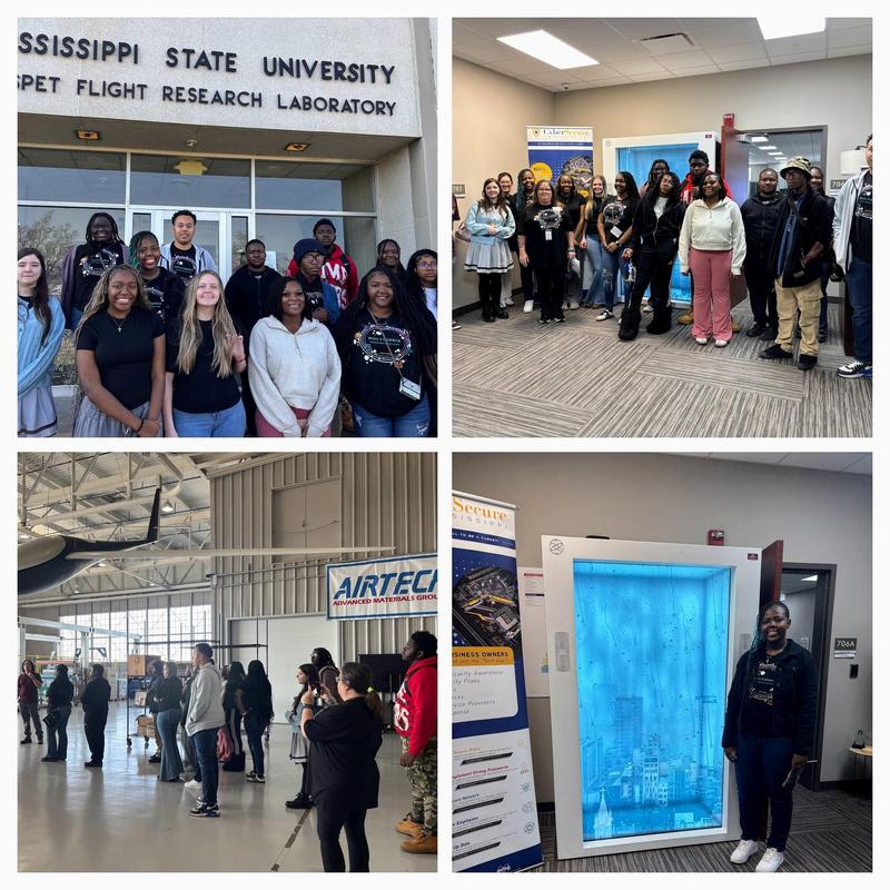 Collage of Kosciusko-Attala Career Tech Center Multimedia students visiting Mississippi State University, including group photos outside a campus research facility, inside a cybersecurity lab, touring an advanced materials hangar, and interacting with a virtual reality display.
