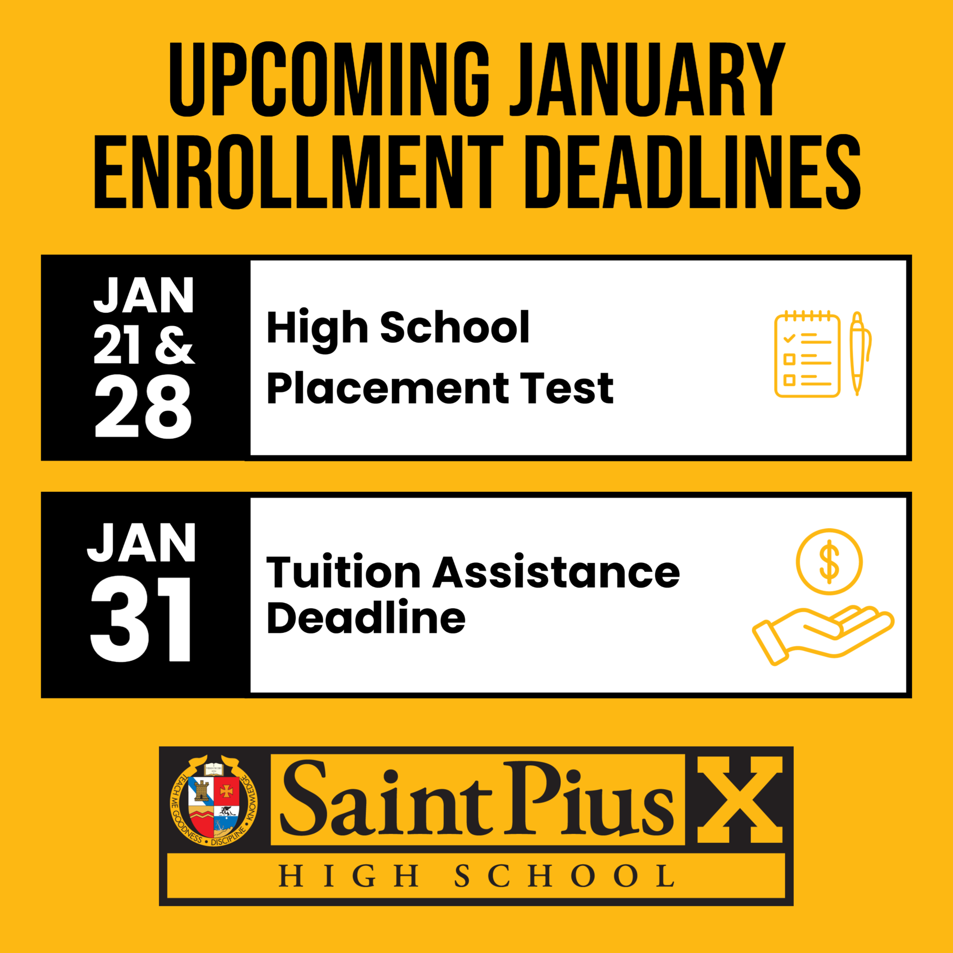 January Enrollment Deadlines Sartan Recaps St. Pius X School
