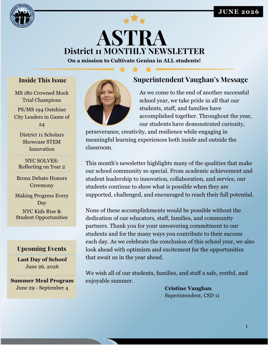 Cover page of the District 11 Astra newsletter featuring the Superintendent's message