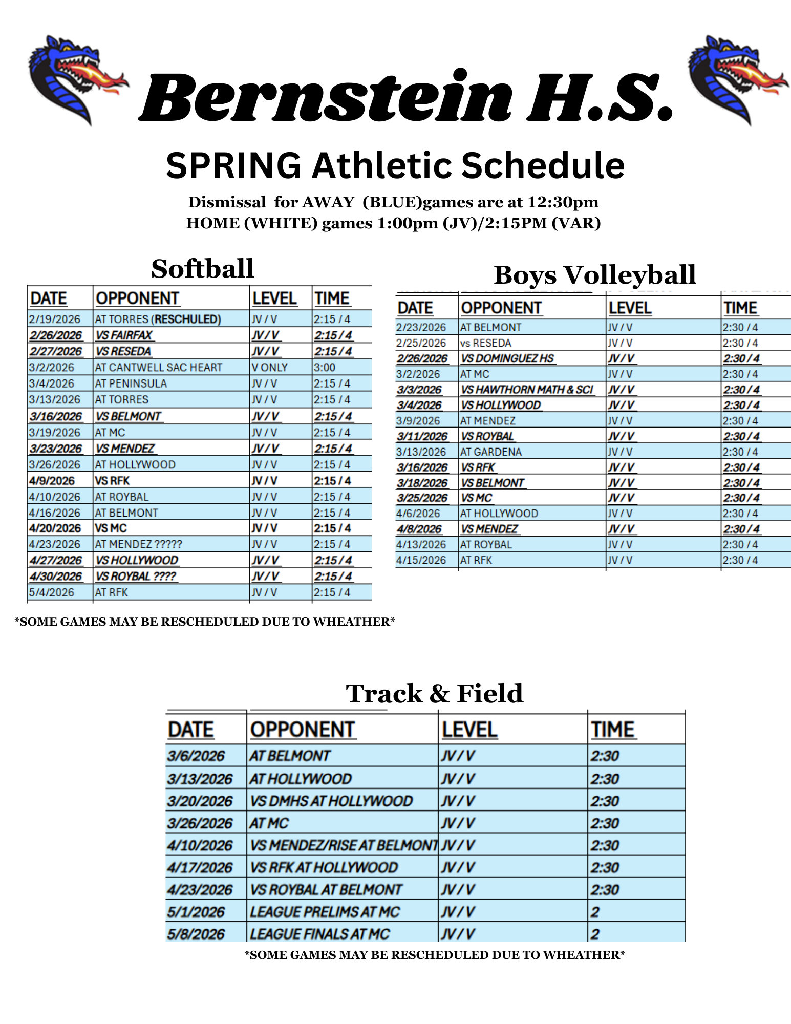 Bernstein Dragons Sports Schedule 2025-2026