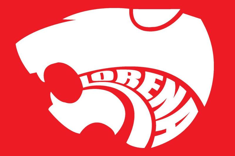White Lorena Leopard head logo over a red background