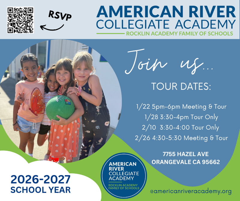 two kids hanging on shoulders. School tours information with QR code