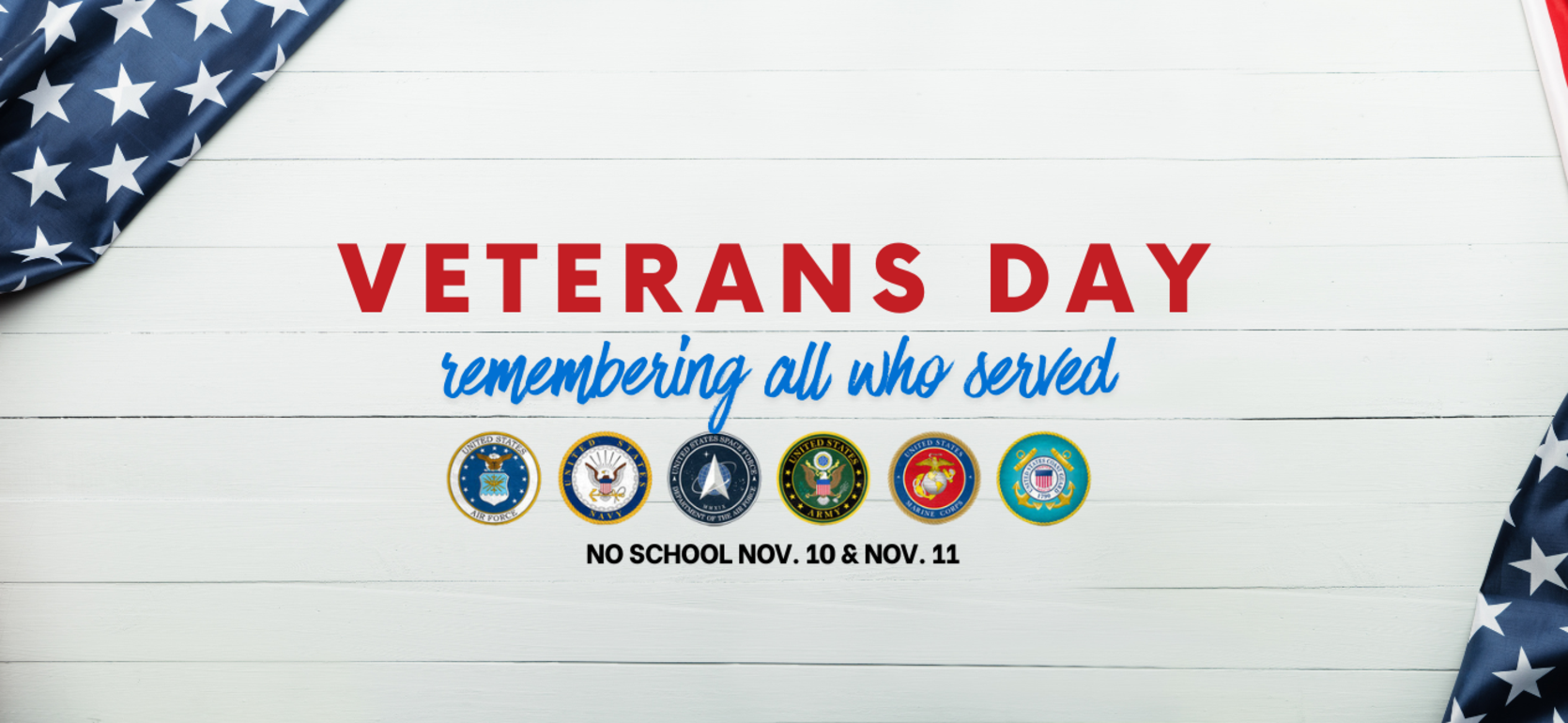 Red and blue Veterans Day banner with service branch logos and text.