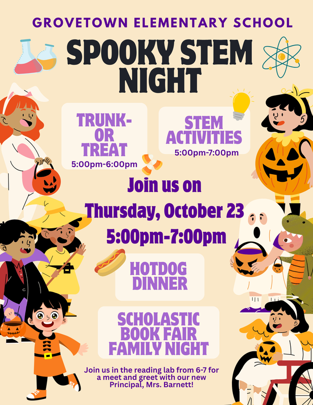 Spooky STEM Night flyer written in English with details for times on October 23.