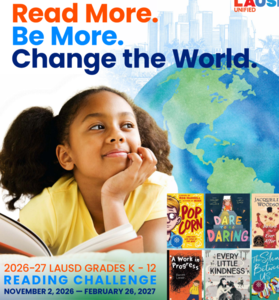 a flyer with a girl staring off while holding a book in front of a watercolor world Earth
