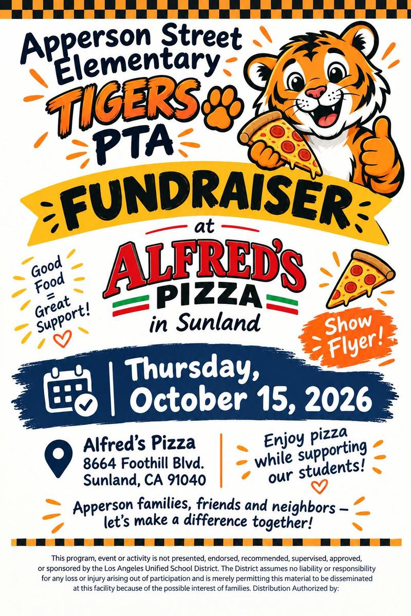 PTA Fundraiser -  please vist Alfread's Pizza and help the PTA raise money for the school