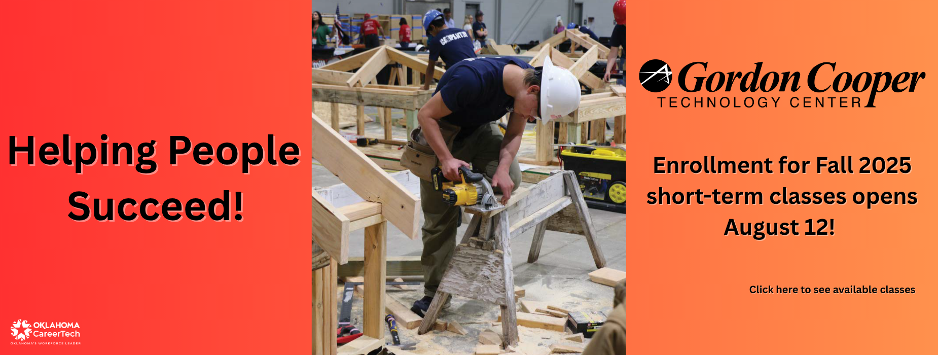 Construction workers in a workshop with text promoting Gordon Cooper Technology Center's classes.