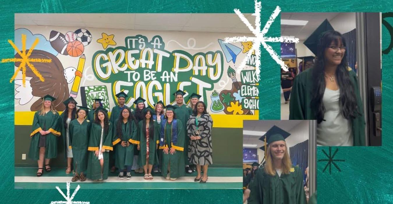 Group of graduates in green caps and gowns posing together at a school event.