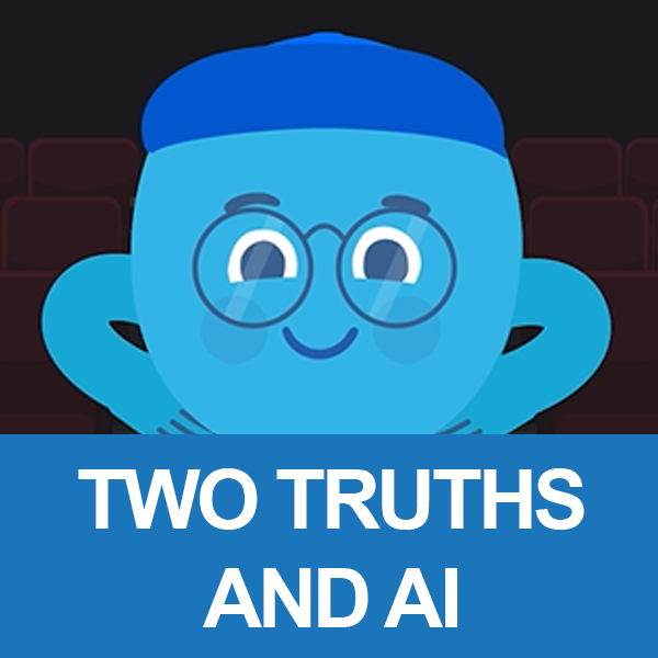 Two Truths and AI image of blue character with glasses