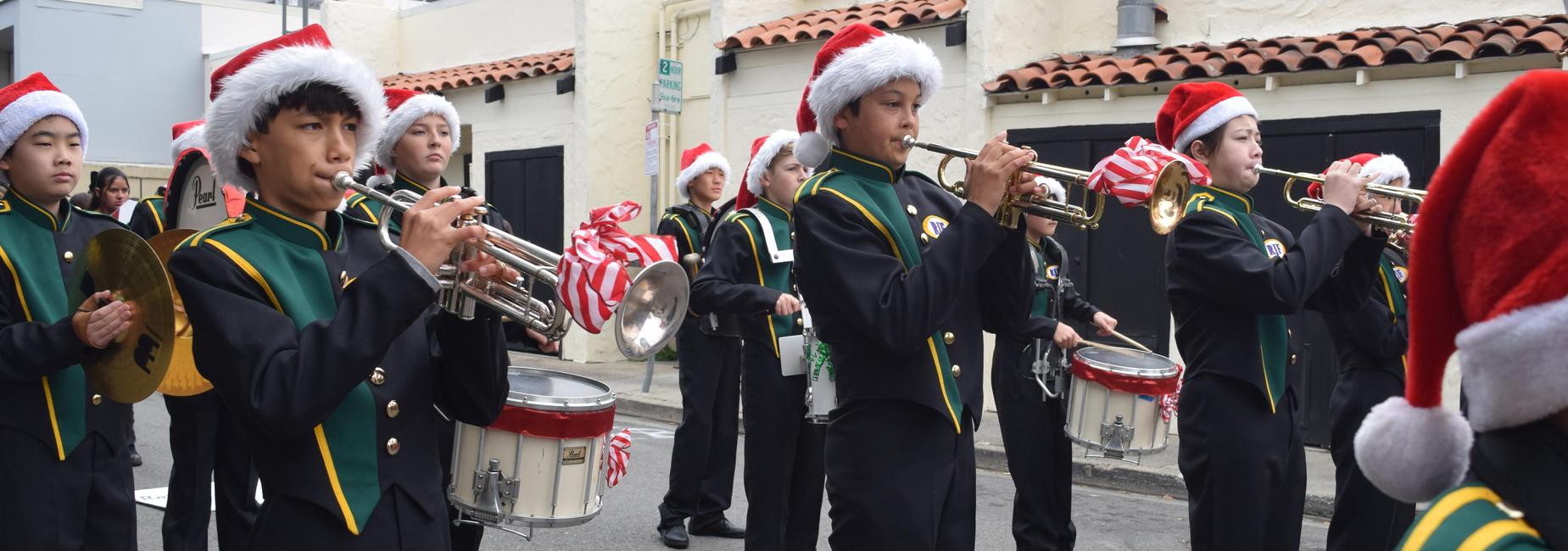 Marching band warms up before the Los Gatos Holiday Parade.