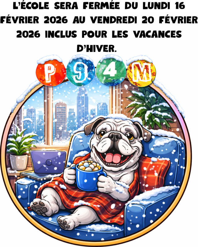 French- Black text with P94M bulldog logo sitting in a chair in the city