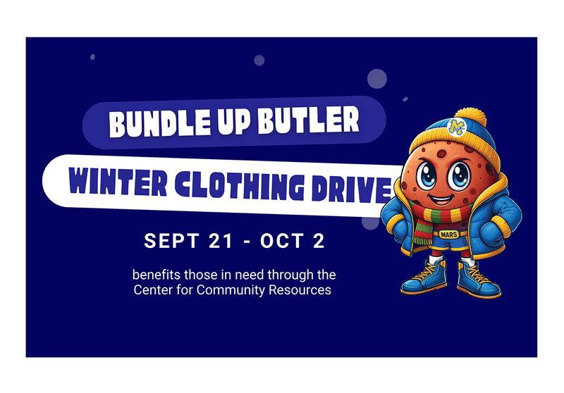 Cartoon character promotes a winter clothing drive with event details.