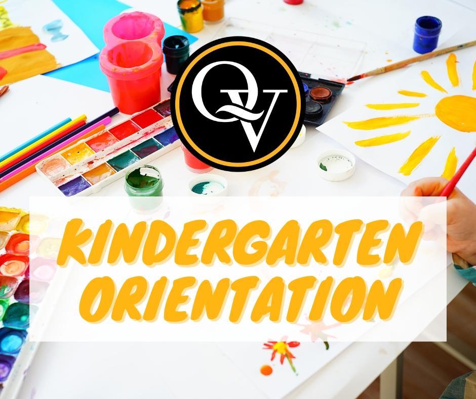 Image announces "kindergarten orientation" on a background of student artwork and supplies.