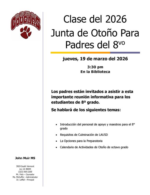 Folleto en español para la reunión de padres de la clase de primavera de 2026 de octavo grado