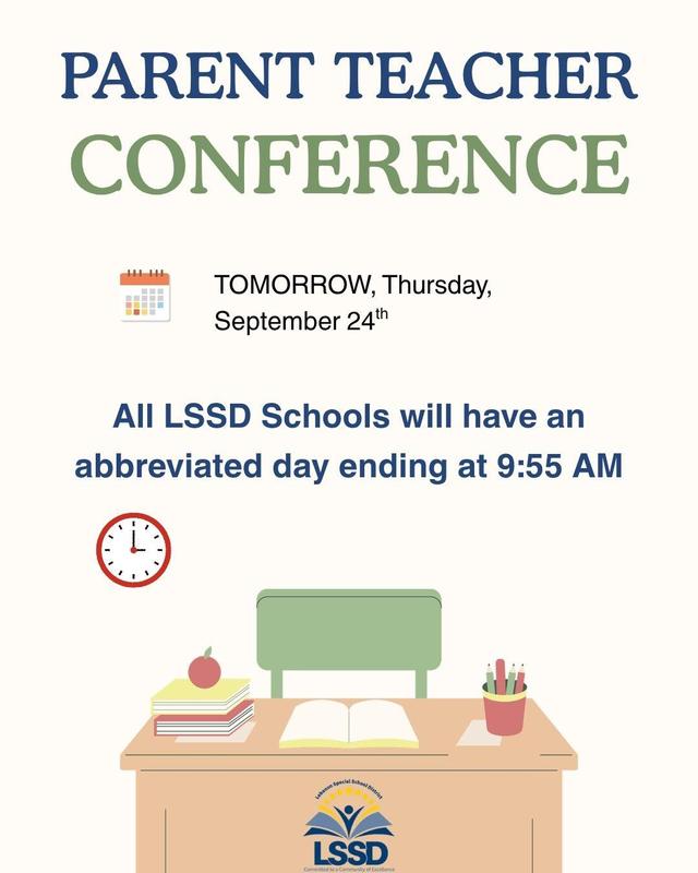 flyer with blue and green font and a graphic of a desk and a clock