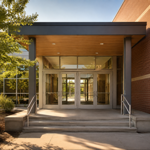 Modern high school entrance with glass double doors