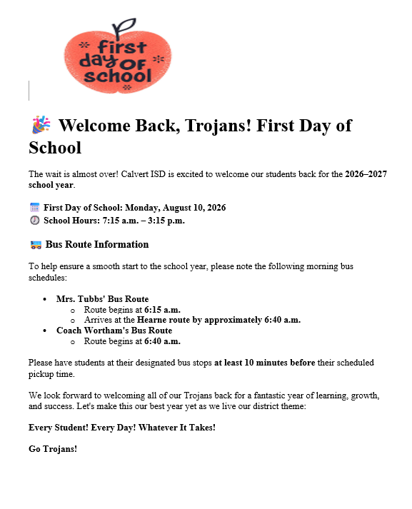 First Day of School Information 2026-2027 Featured Photo