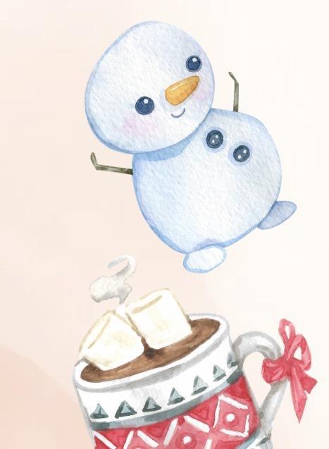 Snowman and a mug of hot cocoa