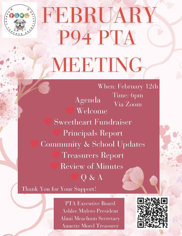 Poster announcing the February P94 PTA Meeting on February 12th at 6pm via Zoom. - English