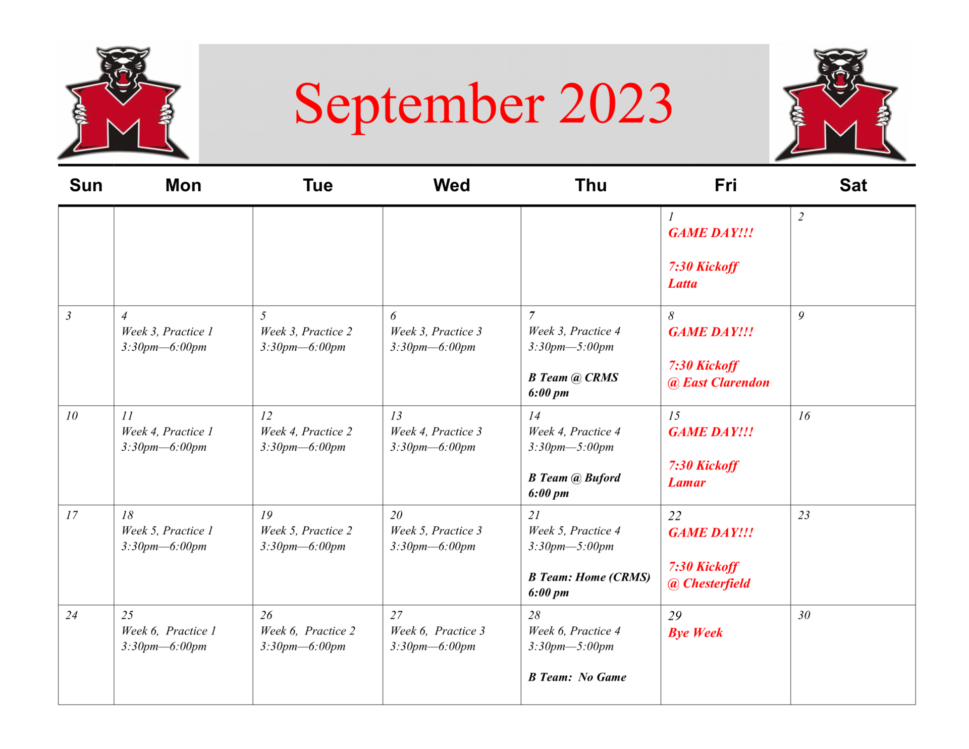 Schedule Football Varsity McBee High School