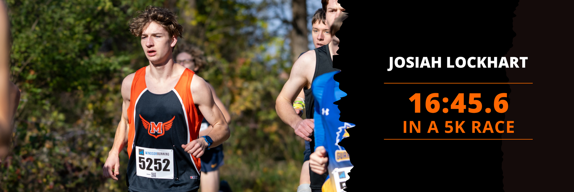 Josiah Lockhart runs in a cross country race wearing an MSD uniform, with text on the graphic reading “Josiah Lockhart – 16.45.6 in a 5K race.
