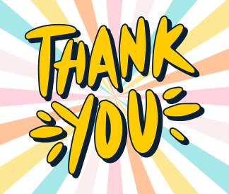 Yellow Thank You in front of colorful sunburst graphic