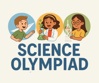 Science Olympiad with three circles with students and science equipment