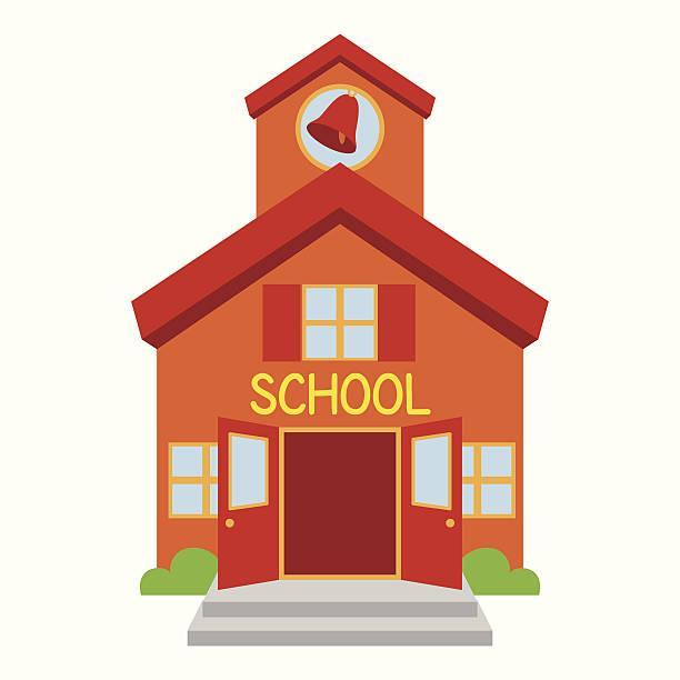 Orange school building with a bell on the roof and large double doors.