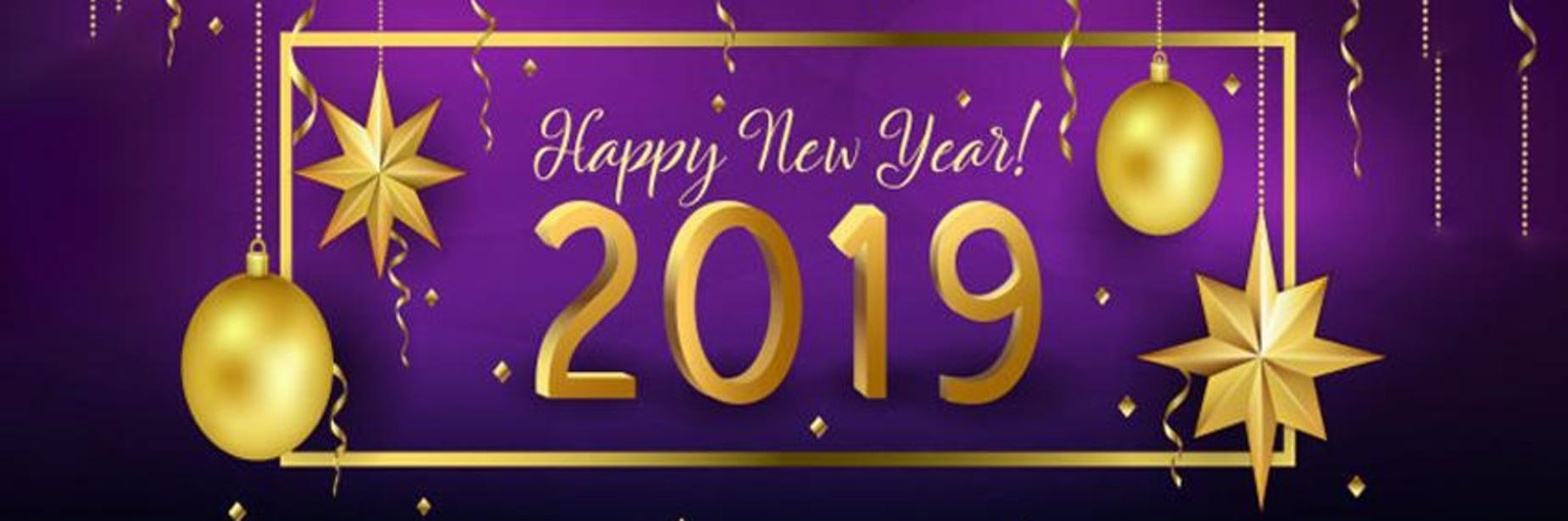 Image depicts a purple and black background with gold ornaments. Texts reads Happy New Year 2019.