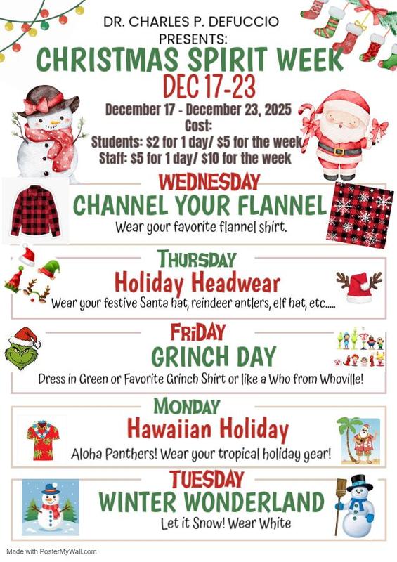 School Spirit Week starts Wednesday, December 17 though Tuesday, Dec 23