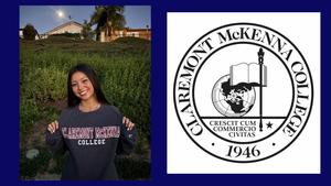 A smiling person poses outdoors wearing a "Claremont McKenna College" sweatshirt. Next to them is the college seal showing a globe and book with the motto.