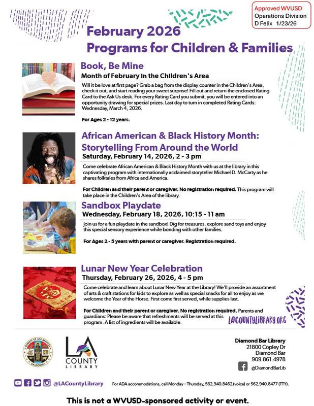 Event flyer for February 2026 programs for children and families at the library.