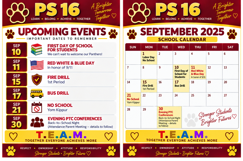 P.S. 16 September Calendar of events