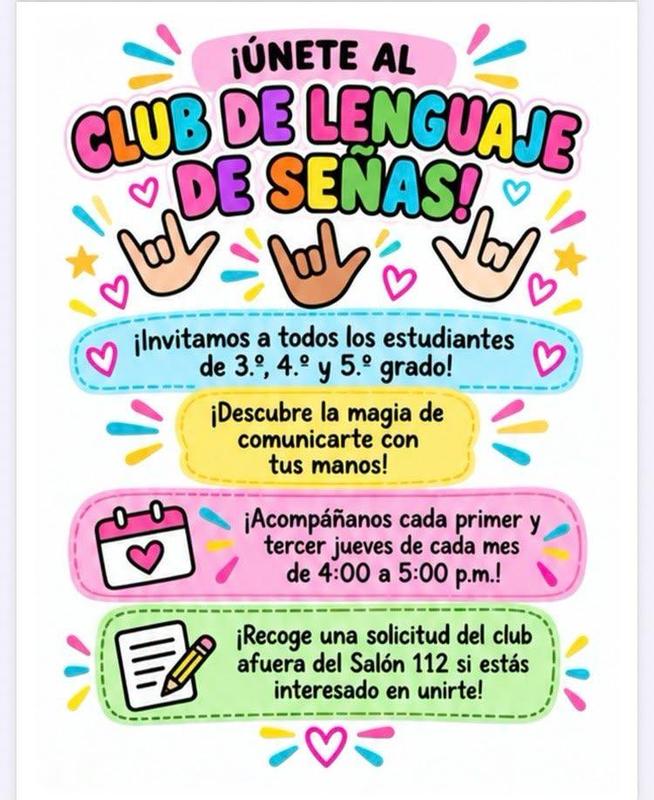 white background with colrful letters, pink hearts, confetti, hands in different skin tones, Spanish text
