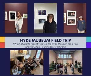 A group of North Warren students standing enthusiastically in a brightly lit museum gallery, surrounded by framed paintings and sketches created by the students themselves.