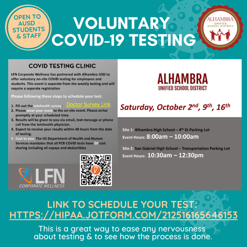 Voluntary Testing Opportunities (October 2nd, 9th, or 16th) Featured Photo