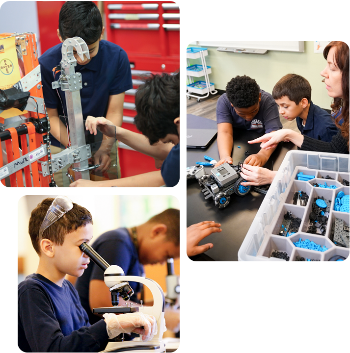 Students engaged in various activities in a science lab, showcasing teamwork and experimentation