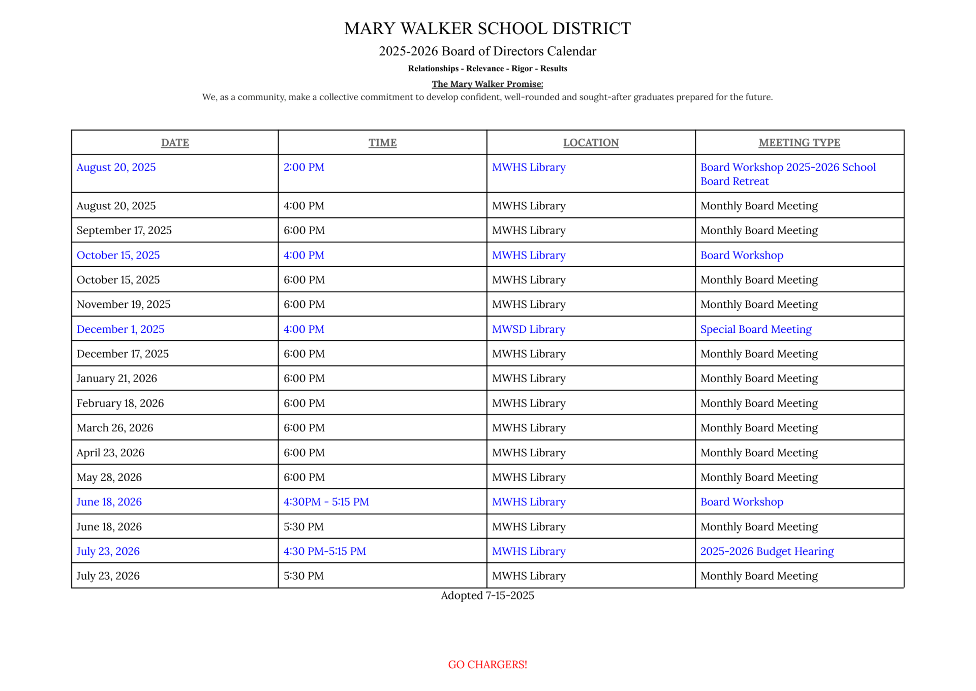 Board Meeting Schedule